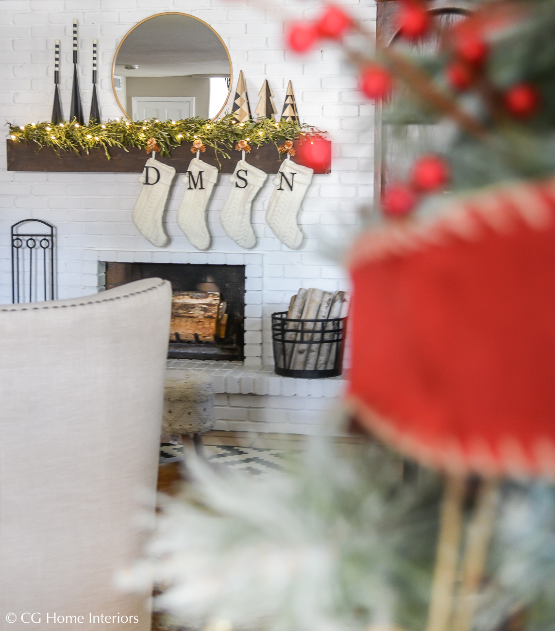 Simple Traditional Christmas Decorations, Painted Brick Fireplace