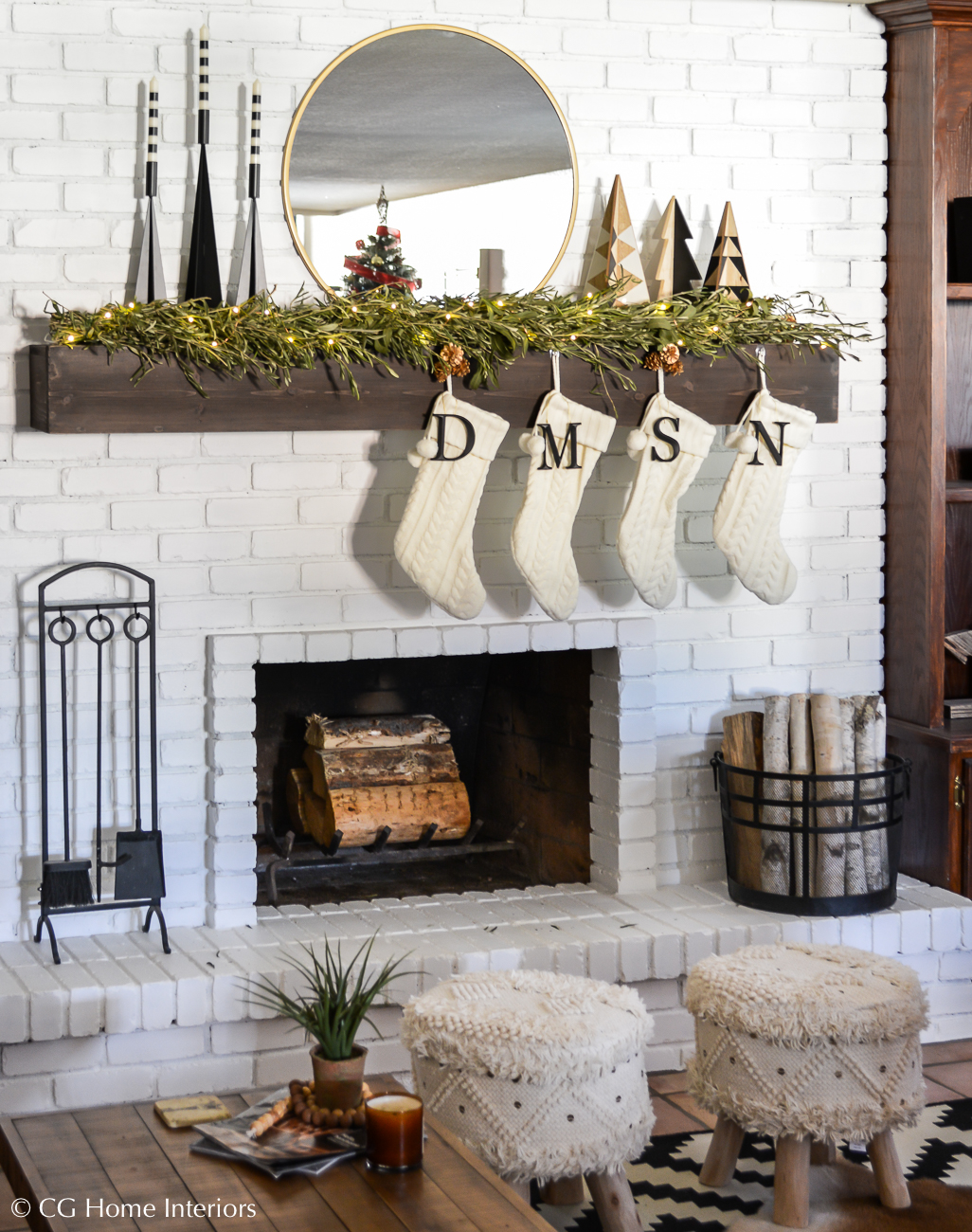 Simple Traditional Christmas Decorations, Painted Brick Fireplace