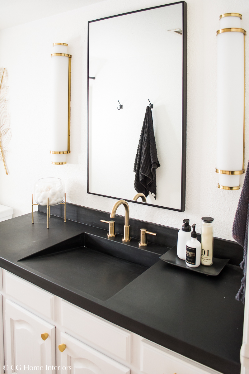 Easy DIY Builder Grade Bathroom Update | Part II: The Design Process, Brass Faucet, Brass hardware, Black framed mirror, white walls