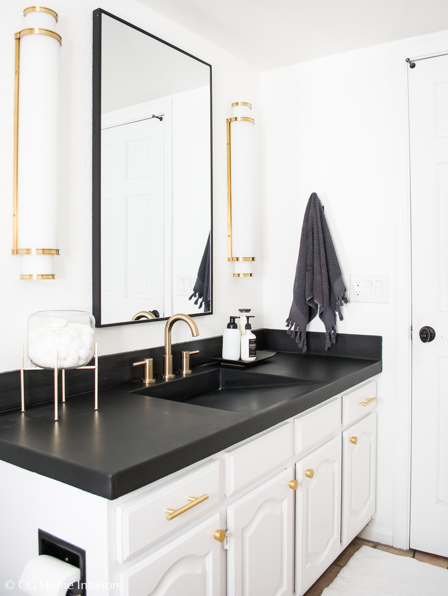 Easy DIY Builder Grade Bathroom Update | Part II: The Design Process, Brass Faucet, Brass hardware, Black framed mirror, white walls