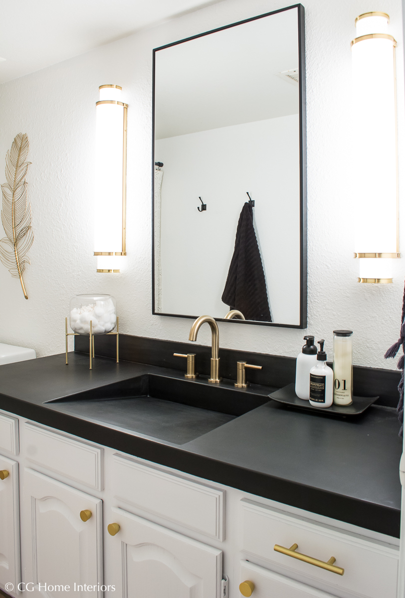 Easy DIY Builder Grade Bathroom Update | Part II: The Design Process, Brass Faucet, Brass hardware, Black framed mirror, white walls