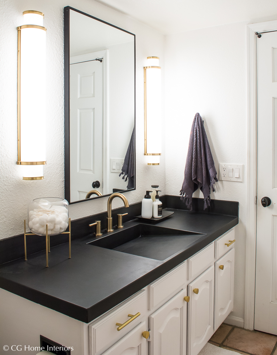 Easy DIY Builder Grade Bathroom Update | Part II: The Design Process, Brass Faucet, Brass hardware, Black framed mirror, white walls