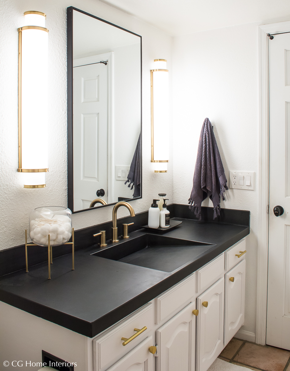 Easy DIY Builder Grade Bathroom Update | Part II: The Design Process, Brass Faucet, Brass hardware, Black framed mirror, white walls