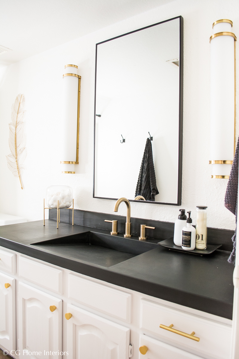 Easy DIY Builder Grade Bathroom Update | Part II: The Design Process, Brass Faucet, Brass hardware, Black framed mirror, white walls