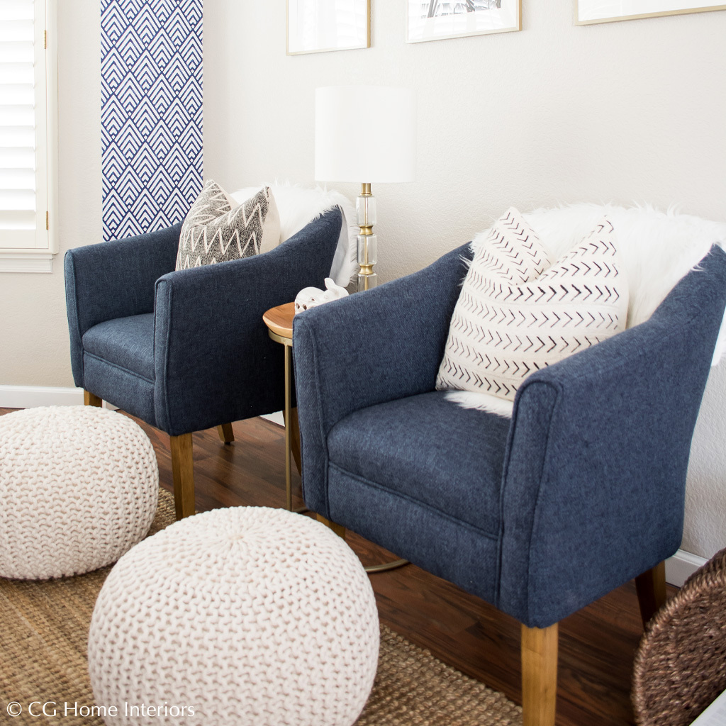 Blue chairs, cable knit poufs, like to know it
