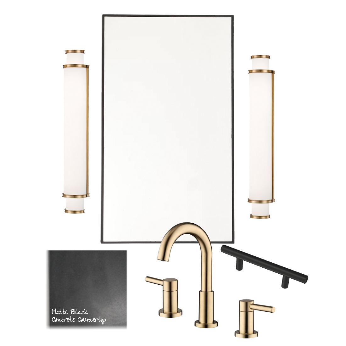 Easy DIY Builder Grade Bathroom Update | Part II: The Design Process, Brass Faucet, Brass hardware, Black framed mirror, white walls