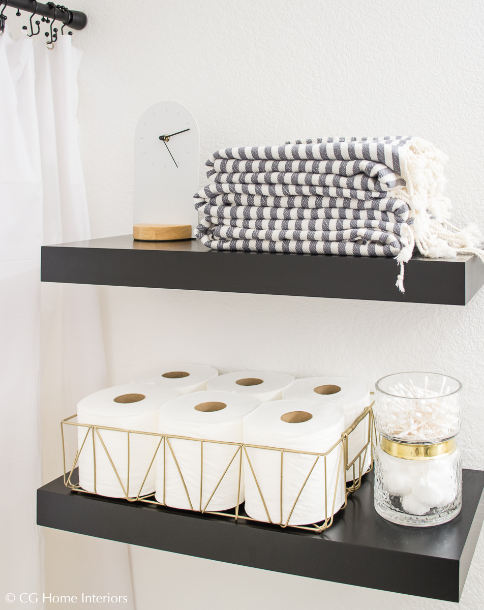 Guest Bathroom Renovation Progress, Black Floating Shelves