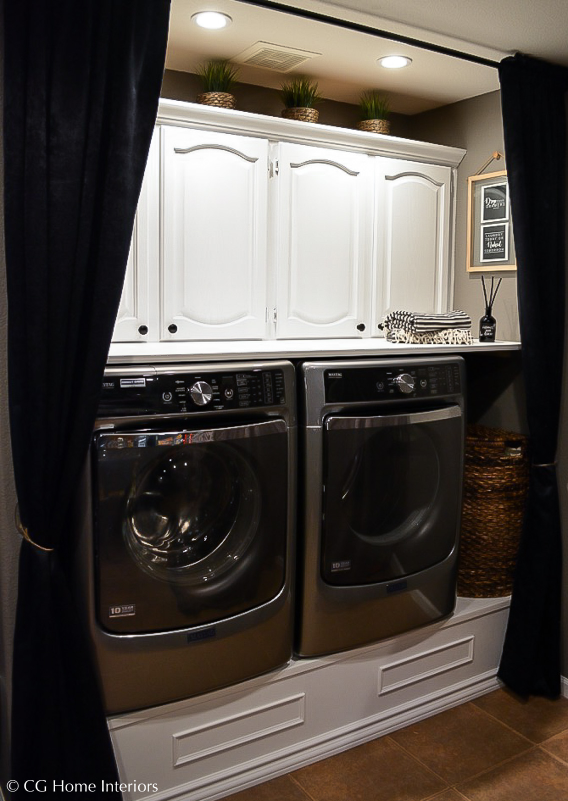 Small laundry room makeover with DIY platform pedestals