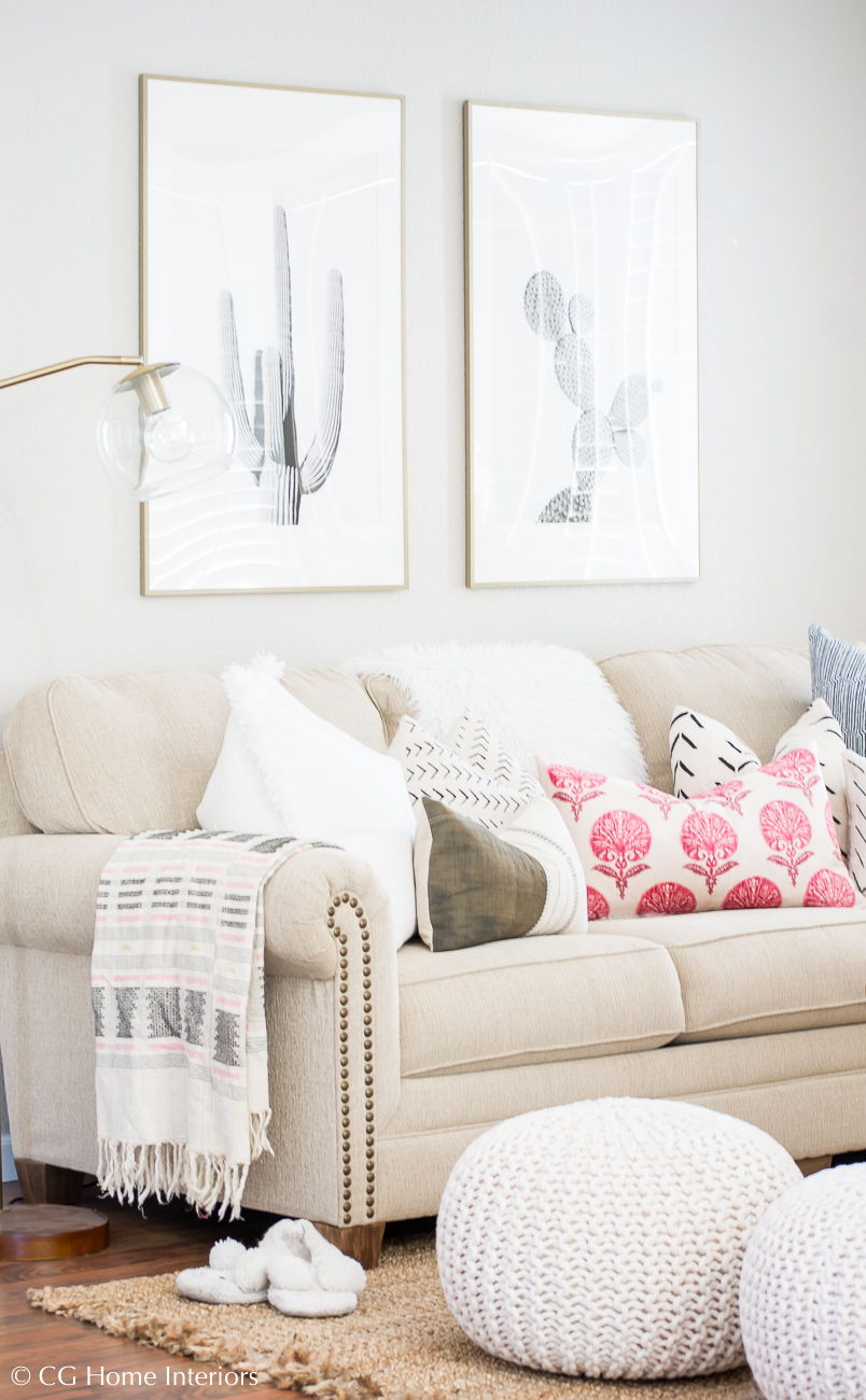 Spring living room decor, pink pillow